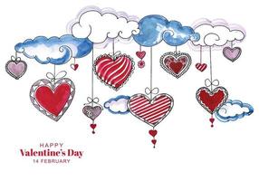 Beautiful hearts hanging cloud valentines day card background vector