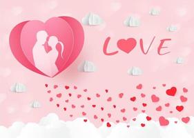 Love and Valentine day, Lovers stand and a paper art heart shape balloon floating in the sky. craft style. vector