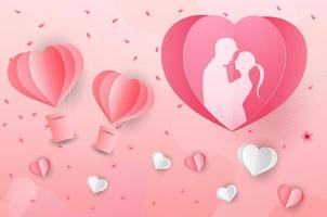 Love and Valentine day, Lovers stand and a paper art heart shape balloon floating in the sky. craft style. vector