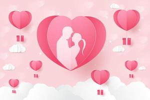 Love and Valentine day, Lovers stand and a paper art heart shape balloon floating in the sky. craft style. vector