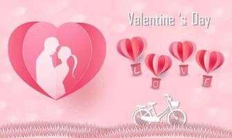 Love and Valentine day, Lovers stand and a paper art heart shape balloon floating in the sky. craft style. vector