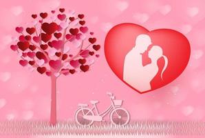 Love and Valentine day, Lovers stand and a paper art heart shape balloon floating in the sky. craft style. vector