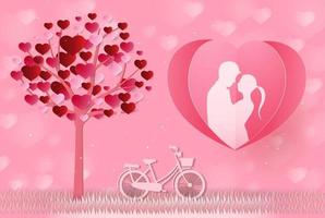 Love and Valentine day, Lovers stand and a paper art heart shape balloon floating in the sky. craft style. vector