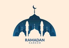 ramadan kareem con mezquita, linternas y luna en ilustración de vector de fondo plano para festividad religiosa islámica eid fitr o adha festival pancarta o afiche
