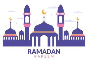 ramadan kareem con mezquita, linternas y luna en ilustración de vector de fondo plano para festividad religiosa islámica eid fitr o adha festival pancarta o afiche