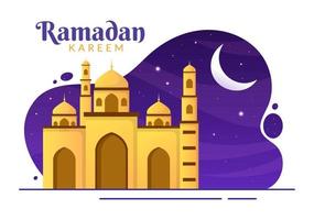 ramadan kareem con mezquita, linternas y luna en ilustración de vector de fondo plano para festividad religiosa islámica eid fitr o adha festival pancarta o afiche