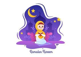 ramadan kareem con carácter de persona orante en ilustración de vector de fondo plano para festividad religiosa islámica eid fitr o adha festival banner o cartel