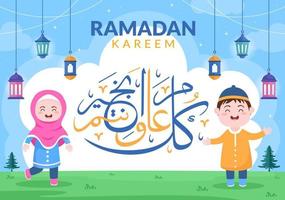 ramadan kareem con personas, mezquita, linternas y luna en ilustración de vector de fondo plano para festividad religiosa islámica eid fitr o adha festival pancarta o afiche