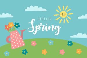 hola tarjeta de primavera con regadera y flores - ilustración de vector de naturaleza