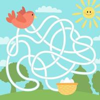 Maze game for children, education worksheet. Bird and nest with eggs vector