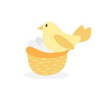 Cute bird with eggs in the nest on white. Happy little bird, springtime. vector