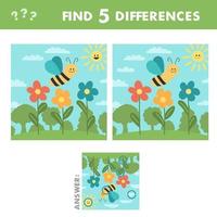 Educational game for children. Find 5 differences. Cute bee with flowers. vector