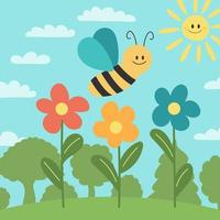 Cute bee in the natural background with flowers and trees. Vector for kids