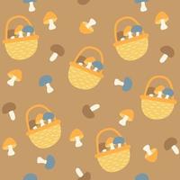 Seamless pattern - hand drawn mushrooms and basket. Vector illustration.