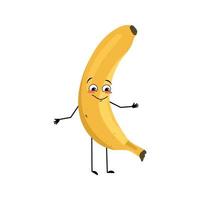 Banana character with happy emotion, joyful face, smile eyes, arms and legs. Person with expression, fruit emoticon. Vector flat illustration
