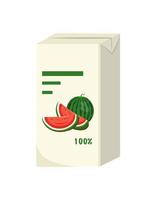 Square pack of red watermelon juice. Sweet healthy fruit drink, tasty liquid. Vector flat illustration