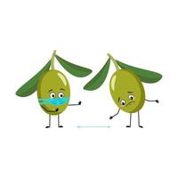 Olive character with sad emotions, face and mask keep distance, arms and legs. Person with care expression, fruit emoticon. Vector flat illustration