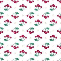 Cherry berry seamless pattern with leaves, print on white background. Vector flat illustration with different red and green elements for spring and summer