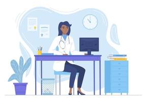 Black african Woman Doctor with stethoscope sitting at the desk with monitor. Medcine, pandemic, lockdown therapy, health care, hospital workspace concept. Stock vector illustration in flat style