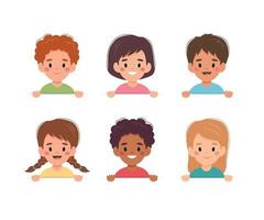 Children set, little boys and girls of different nationalities holding a white banner. Vector illustration in cartoon style