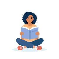 mujer leyendo un libro mientras está sentado. concepto de día de aprendizaje y alfabetización. linda ilustración vectorial en estilo de dibujos animados plana vector