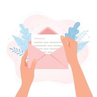 Hands holding envelope with letter. Vector concept illustration in flat cartoon style.