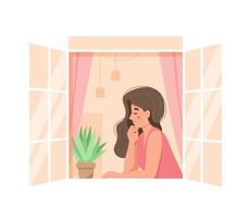 mujer en una ventana abierta en casa relajándose. linda y acogedora ilustración vectorial vector