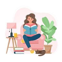 mujer leyendo un libro en una silla, relajándose en casa. linda ilustración vectorial en estilo plano vector