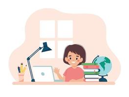 Girl studying with computer and books. Vector illustration concept in cartoon style
