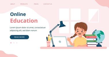 Online education, little girl studying with computer and books. Vector illustration banner template with text