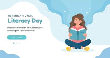 Literacy day concept. Woman reading book while sitting. Cute vector illustration banner template
