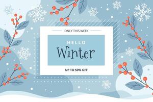 Hello winter sale banner, vector illustration template with snowflakes and ilex branches