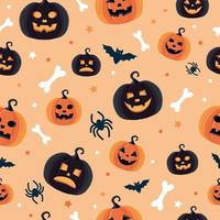 patrón de halloween con diferentes calabazas, jack o linterna espeluznante, arañas y murciélagos. ilustración vectorial