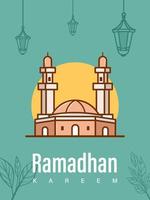 ilustración de vector de ramadhan kareem con estilo de garabato de mezquita en el fondo