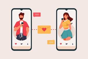 concepto de diseño plano de la aplicación de citas, mensaje de envío masculino y femenino con teléfono inteligente en la ilustración vectorial de la aplicación de citas vector