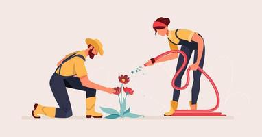 hombre y mujer haciendo jardinería juntos diseño plano vector