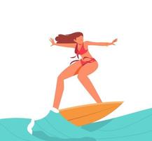 Attractive african american woman plus size  surfing. Summer female body positive concept vector