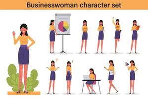 Female office worker standing with various poses and hand gestures for business presentation Vector illustration