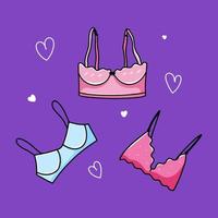 Set of hand drawn women's bra, underwear top. Sexy tops collection. Vector illustration in doodle style