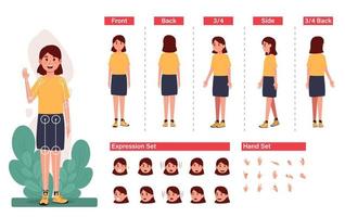 Girl character creation set with various views, hairstyles, face emotions, poses vector
