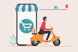 Fast delivery by scooter on mobile E-commerce concept. vector