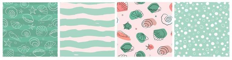 A set of seamless patterns with a marine theme. Seashells, starfish, clams, waves for a summer beach print. Vector graphics.