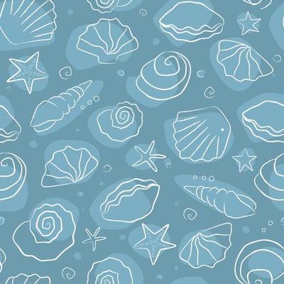 Seamless pattern summer time. Hand drawn sea shells and stars collection. Marine illustration of ocean shellfish.