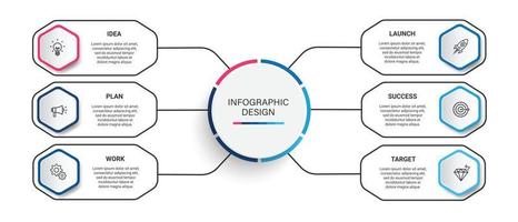 pasos diseño de plantilla infográfica de proceso de línea de tiempo de visualización de datos comerciales con iconos vector