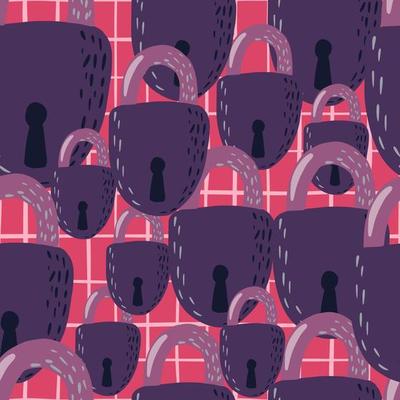 Random lock ornament seamless doodle pattern. Purple secret victorian elements on pink chequered background.
