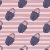 Door locks silhouettes seamless doodle pattern. Simple vintage print in purple colors on pink stripped background. vector