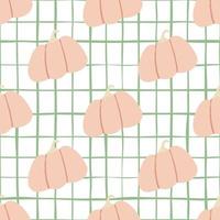 Doodle seamless pattern with soft pink pumpkin food ornament. White bacgound with check. vector