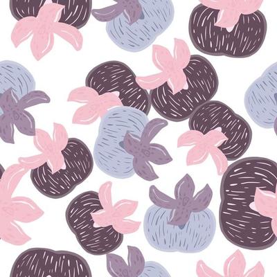 Isolated seamless random pattern with blue and purple colores persimmon shapes. White background.