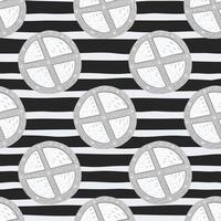 Monochrome seamless pattern with circle wood shield ornament. Grey and white medieval silhouettes on striped contrast background. vector