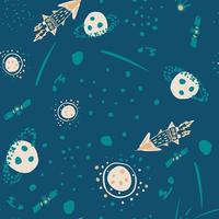 Seamless hand drawn pattern with planets, rockets and satellites. Turquoise bright background. Cosmic style. vector